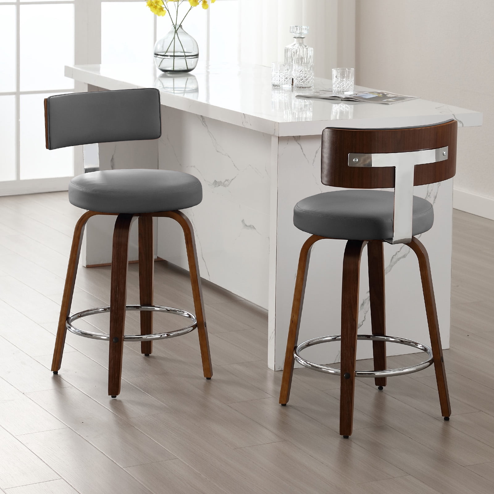 ANMINY Bar Stools Set of 2 360° Swivel with Back and Round Seat PU Leather Barstools 26" Bar Height Upholstered Bar Chairs Island Stools for Kitchen Counter