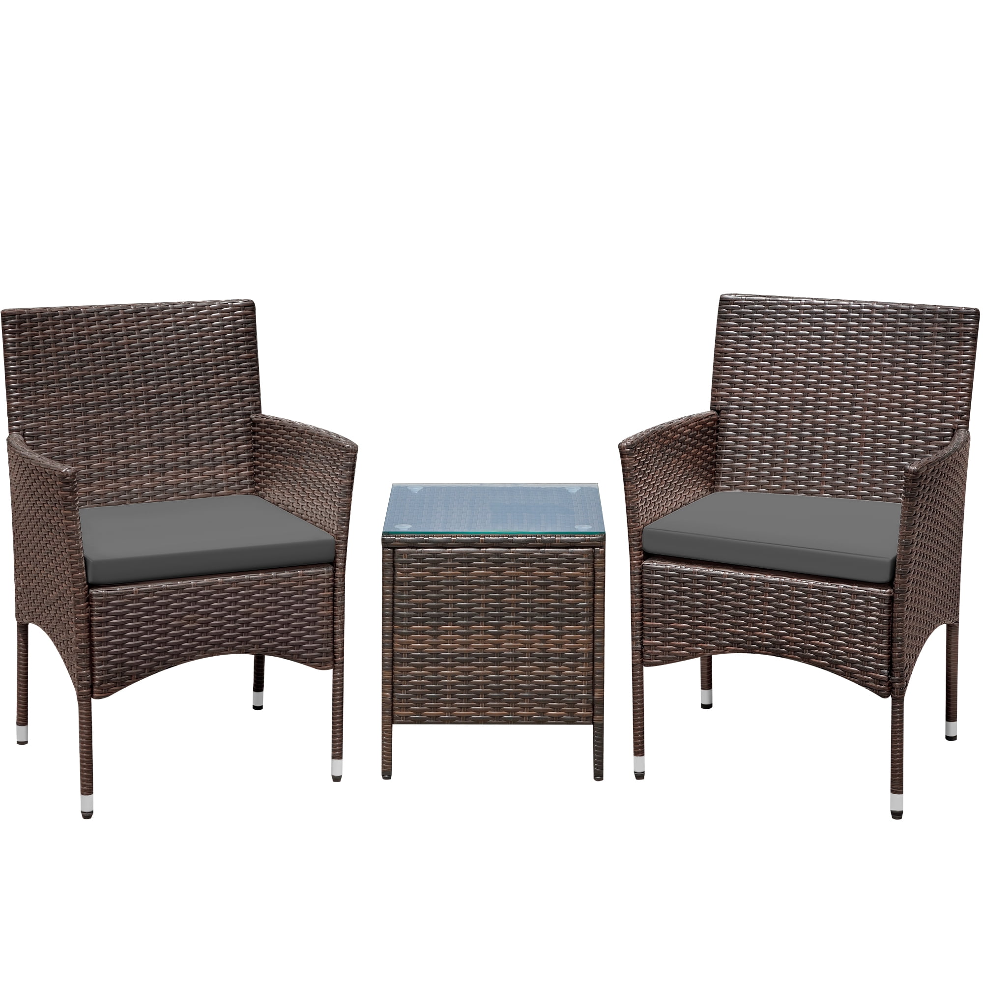 Lacoo 3 Pieces Outdoor Patio Furniture Gray PE Rattan Wicker Table and Chairs Sets Bar Set with Cushioned Tempered Glass , Brown / Gray