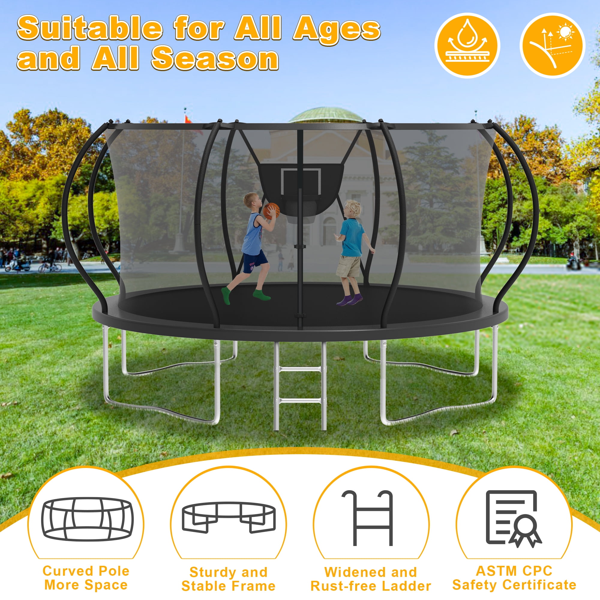 XMIKA 12FT Trampoline with Basketball Hoop, Outdoor Trampoline with Enclosure Net, Ladder, Heavy-duty Recreational Trampoline, 1200LBS Capacity Trampoline for Kids and Adults, Upgrade Curved Pole