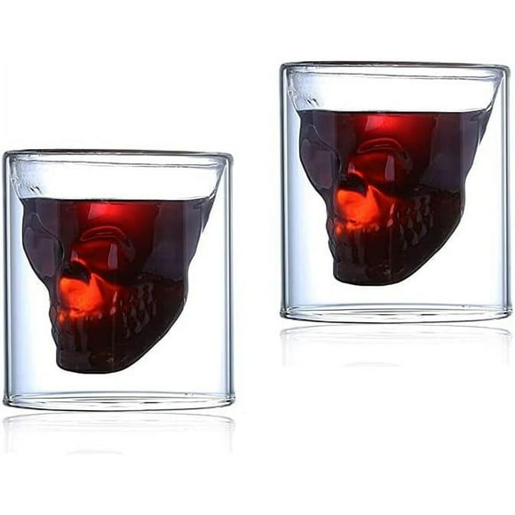 HSHDLDF 2pcs Crystal Skull Wine Glass Double Glass Cup Fun Crystal Drinking Glass Whiskey Wine Cocktail Vodka Beer Glass Creative Family Halloween Party Wine Glass (250ml)