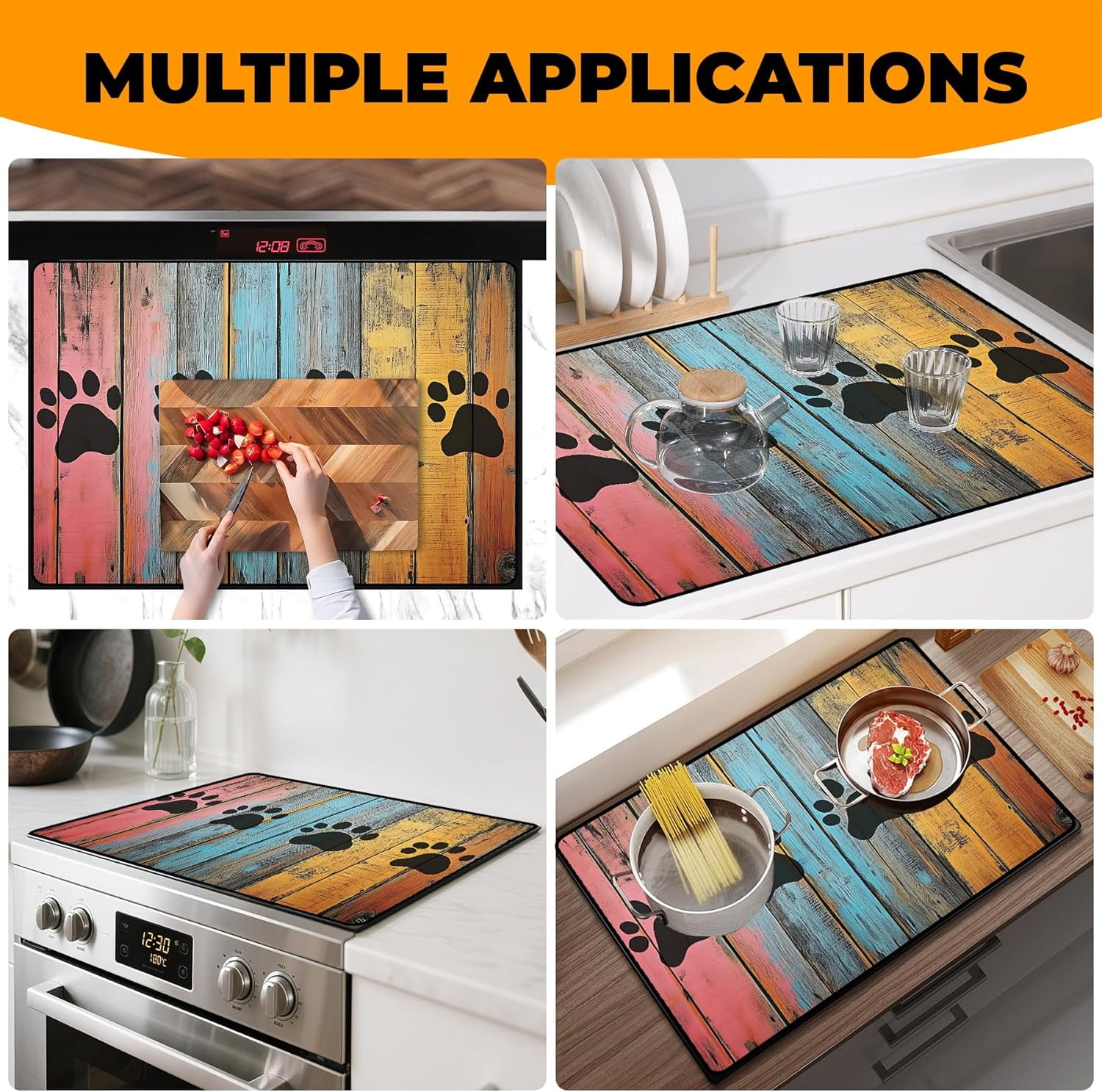 Heat-Resistant Glass Stove Top Cover with Anti-Slip Rubber Coating – Electric Stove Protector, Scratch-Resistant, Expands Counter Space, Stylish Kitchen Decor (Dog Paw Print)
