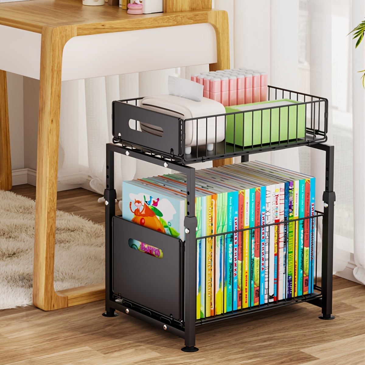 2-Tier Under Sink Organizer with Sliding Drawer, Heavy Duty Carbon Steel Storage Rack for Kitchen & Bathroom, Adjustable Shelves with Hooks for Utensils, Cleaning Supplies and Spices