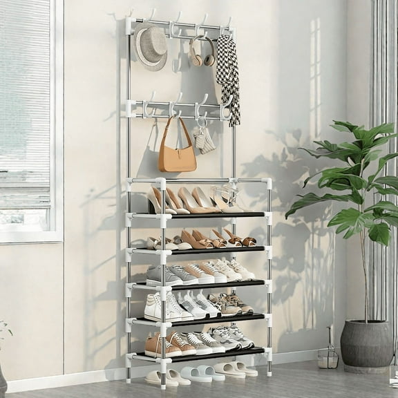 Seamika 5-Tier Shoe Rack and Coat Rack,Shoe Storage Shelf Freestanding with 8 Hooks for Entryway Living Room Bathroom Hallway Office,Black