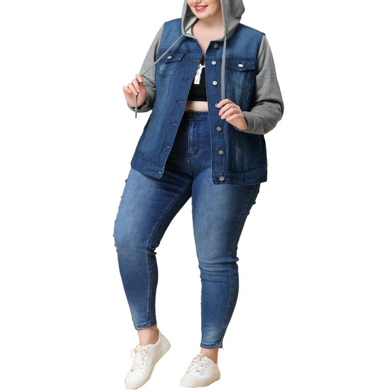 Unique Bargains Women's Plus Size Jean Drawstring Hood Denim Jacket 