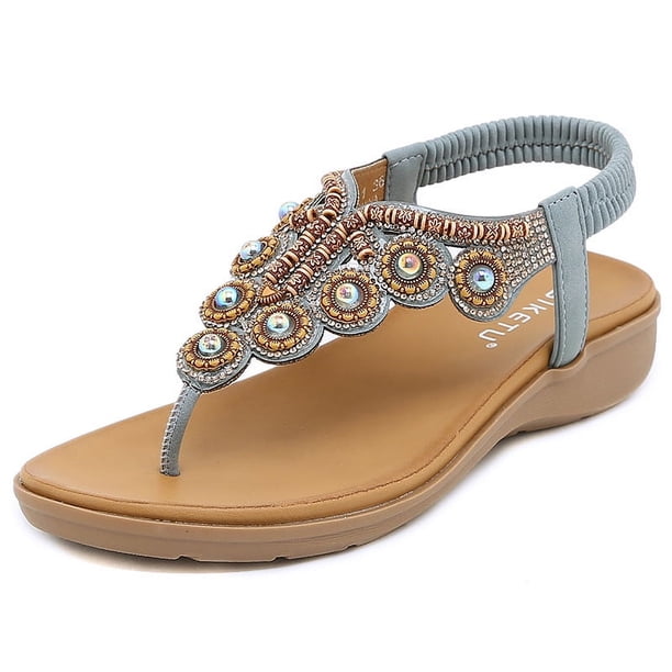 Chanclas de estilo bohemio de verano con cuentas y hebilla de diamantes de imitación, zapatos de mujer con banda de goma y tacón elástico
