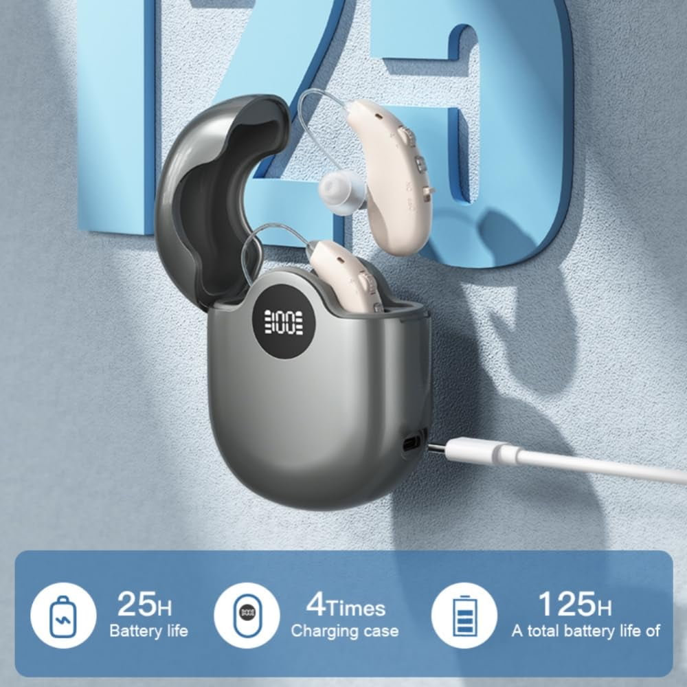 Rechargeable Invisible Hearing Amplifiers for Seniors & Adults, 16-Channel Noise Reduction, RIC Design for Comfortable Fit, 25hrs Battery Life per Unit, 125hrs Total with Charging Case, Clear Sound,
