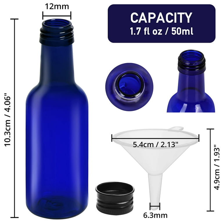 Belle Vous Mini Liquor Bottles (24 Pack) - Reusable Plastic 50ml (1.7 fl oz) Empty Spirit Bottle with Black Screw Cap, Liquid Funnel for Easy