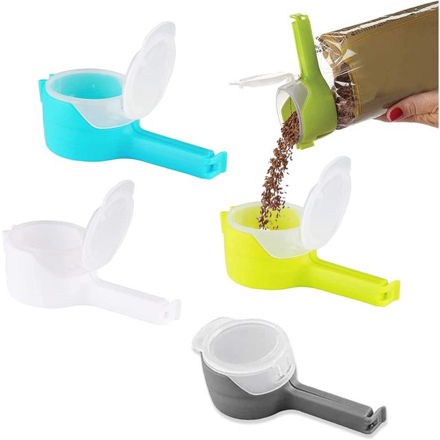 Food Bag Clips With Cap Pour Spout, Plastic Sealer for Snack and Food Storage - Kitchen Organization Tool, Home Food Close Clip - 4 Pack