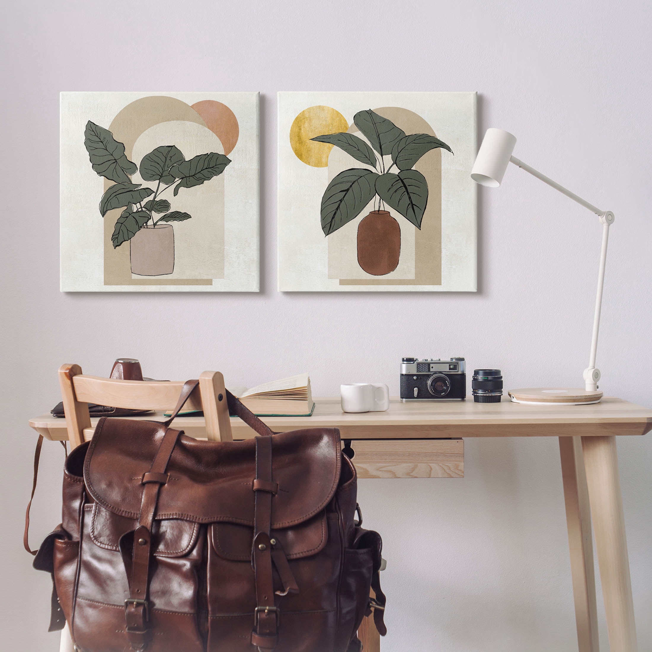 Potted Plant Leaves Geometric Shapes Botanical & Floral Graphic Art Gallery Wrapped Canvas Print Wall Art, Set of 2