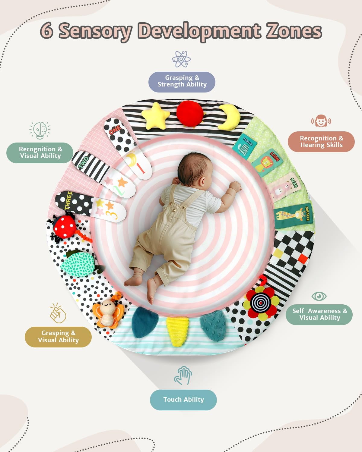 PRVAETU Wooden Baby Gym Play Mat, Foldable Tummy Time Playmat W/ 7 Detachable Toys for Infant Newborn Toddler Motor Skills Sensory Development,Pink
