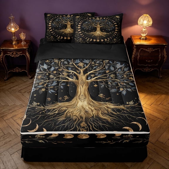 Homewish Tree of Life Zipper Twin Comforter Sets with Fitted Sheet and 2 Pillowcases, Vintage Moon Phase Zipper Bedding Set, Black Reversible