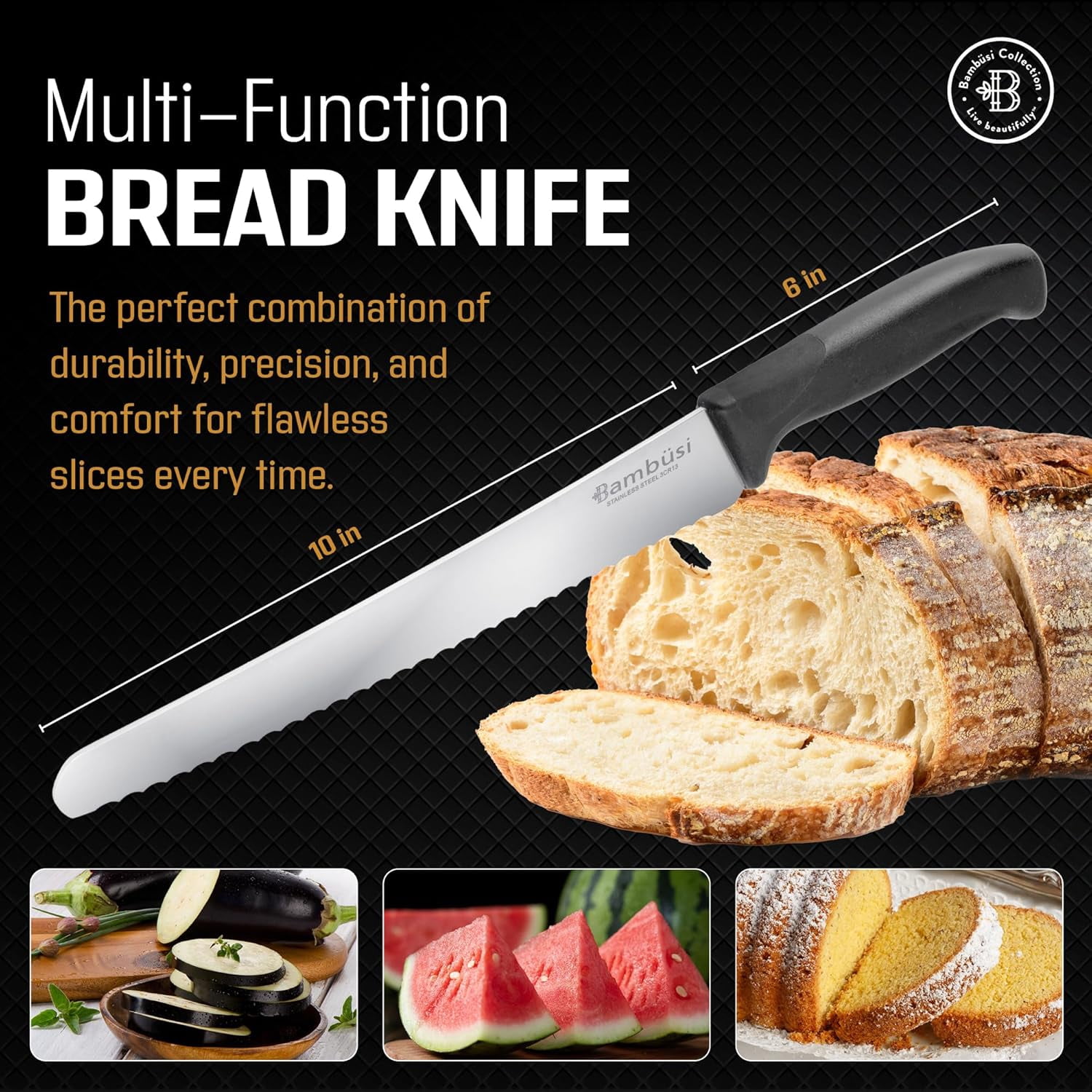 Bambusi 10 Inch Serrated Bread Knife, Stainless Steel Bread Knife with Ergonomic Handle for Homemade Bread