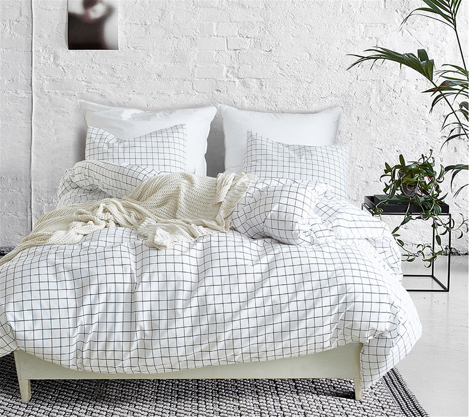 Plaid Duvet Cover Set White 3 Pieces Microfiber Grid with Zipper