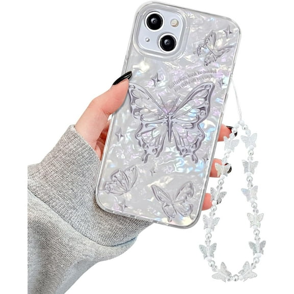 Compatible with iPhone 15 Case with Clear Colourful Laser Base and Metallic Butterfly Patterns for Women Girls, Cute Protective Butterflies Phone Case for iPhone 15 Cover Butterfly Chain