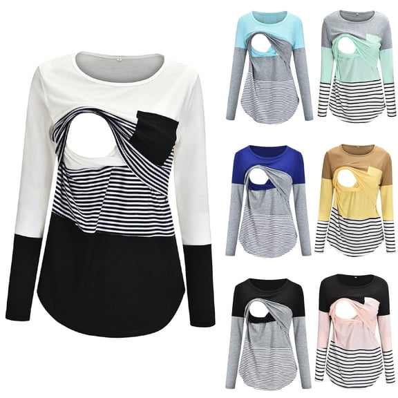 Bovxnpu Maternity Summer Clothes,Long Sleeve Maternity Tops,Maternity Shirts,Round Neck Stripe Patchwork Long Sleeve Breast Feeding Pregnant Woman Nursing Blouse Tops T-Shirt