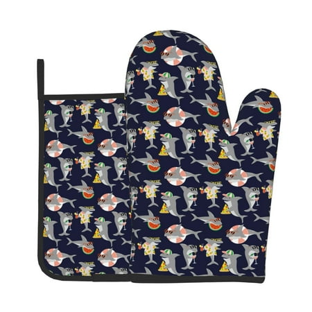 

Jgfou Sharks In Sunglasses Pattern Oven Mitts and Pot Holders Sets Heat Resistant Oven Mittens Soft Lining Extra Thicken Long Kitchen Cotton Oven Glove for Cooking