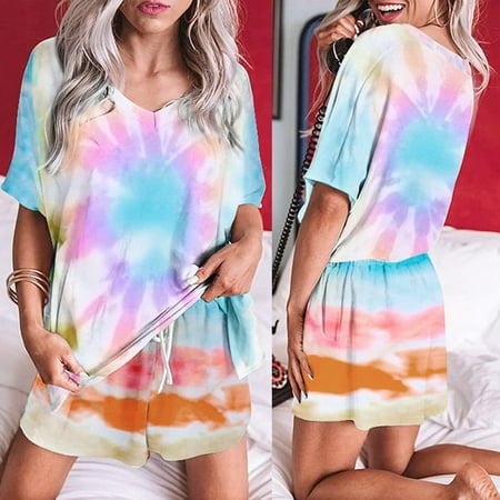 

XIAOFFENN Womens Tie-dye Short Sleeve Pajama Set Nightwear Top Short Loungewear Sleepwear