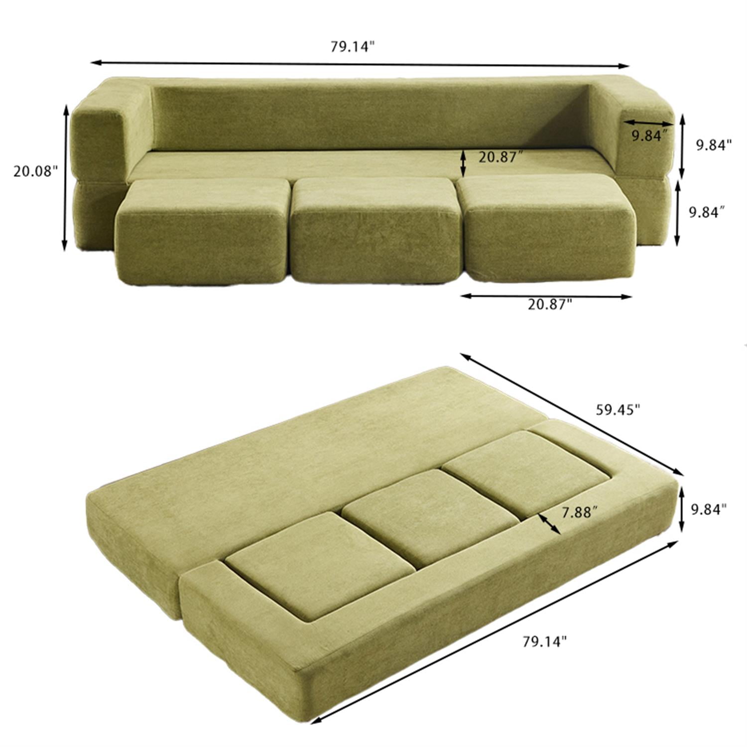 Demi Bonn Convertible Sectional Sofa with 3 Storage Ottomans, Space-Saving Chenille Couch, High-Resilience Foam for Studio Apartments & Home Offices, Green