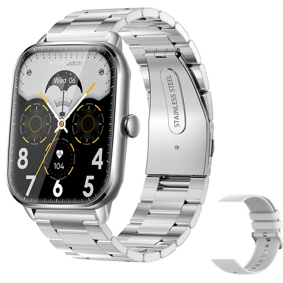 Graflsoa KT65 1.9" Smartwatch with HD Color Touchscreen, Bluetooth Calling, Multiple Sports Modes, IP67 Waterproof, Compatible with Android & iOS, Silver with Steel & Silicone Straps