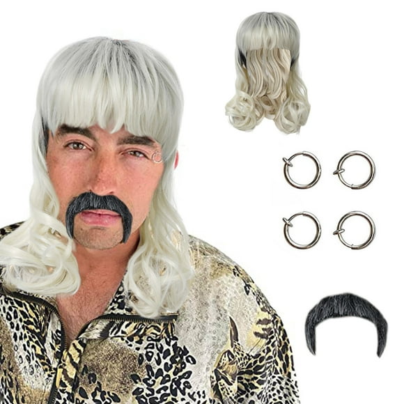 CEHVOM Exotic Cosplay Blonde Wig with Clip Earrings and Mustache Fits Kids Adults