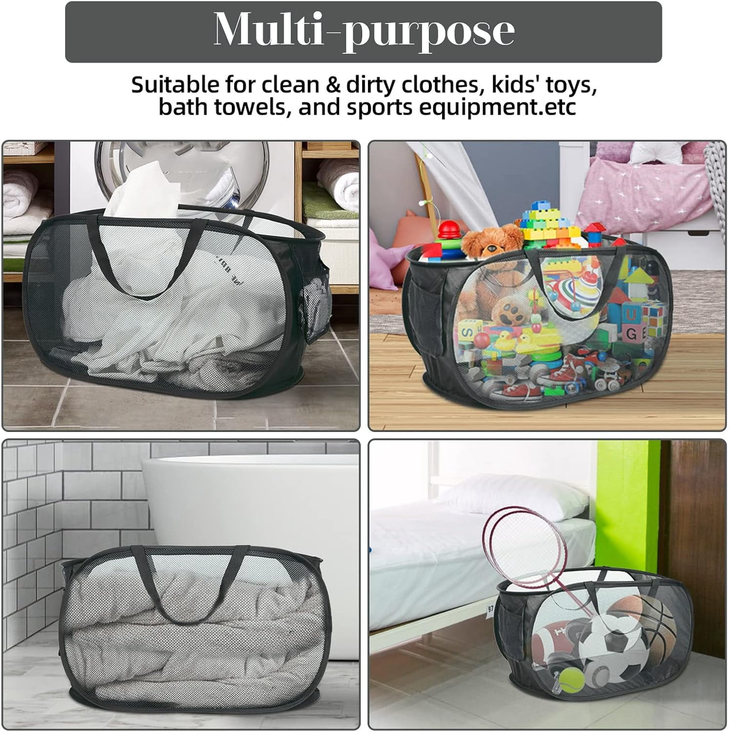 Kiibsot Strong Mesh Pop Up Laundry Basket, Collapsible Laundry Hamper with Side Pocket, Foldable Clothes Hamper with Durable Reinforced Handles for Laundry, Bathroom, Kids Room, Dorm or Travel