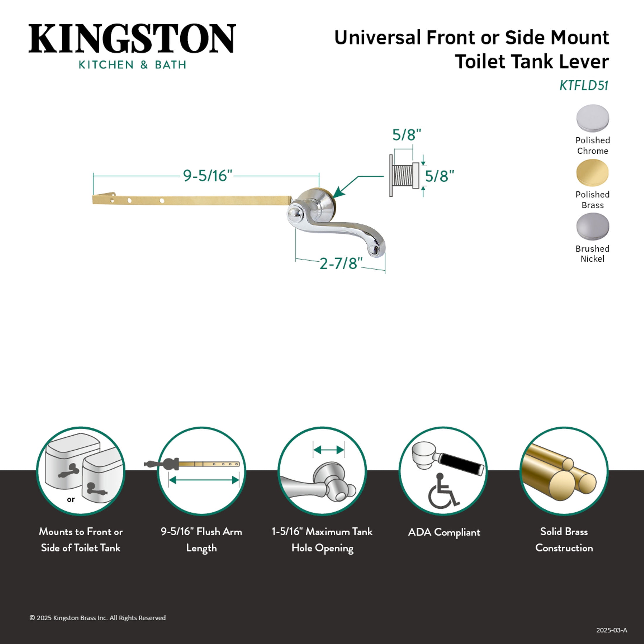Kingston Brass KTFLD58 French Country Universal Front or Side Mount Toilet Tank Lever in Brushed Nickel