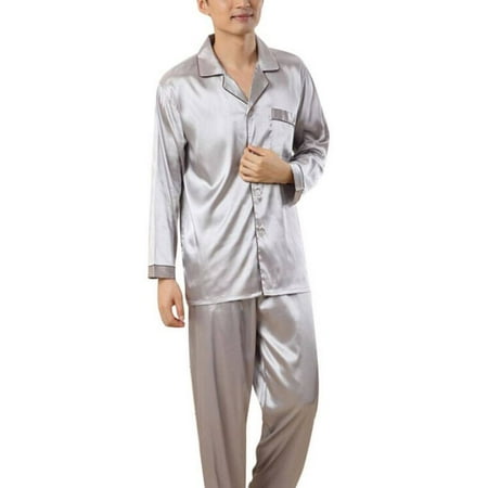Lavaport Casual Mens Lapel Silk Satin Shirts + Long Pants Lingerie Set Sleepwear Pajamas