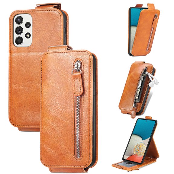 SaniMore for Samsung Galaxy A53 5G Magnetic Closure Top & Bottom Flip Wallet Case, Premium PU Leather Cover with Car Mount Card Slot & Adjustable Kickstand Full Body Protective Shell, Brown
