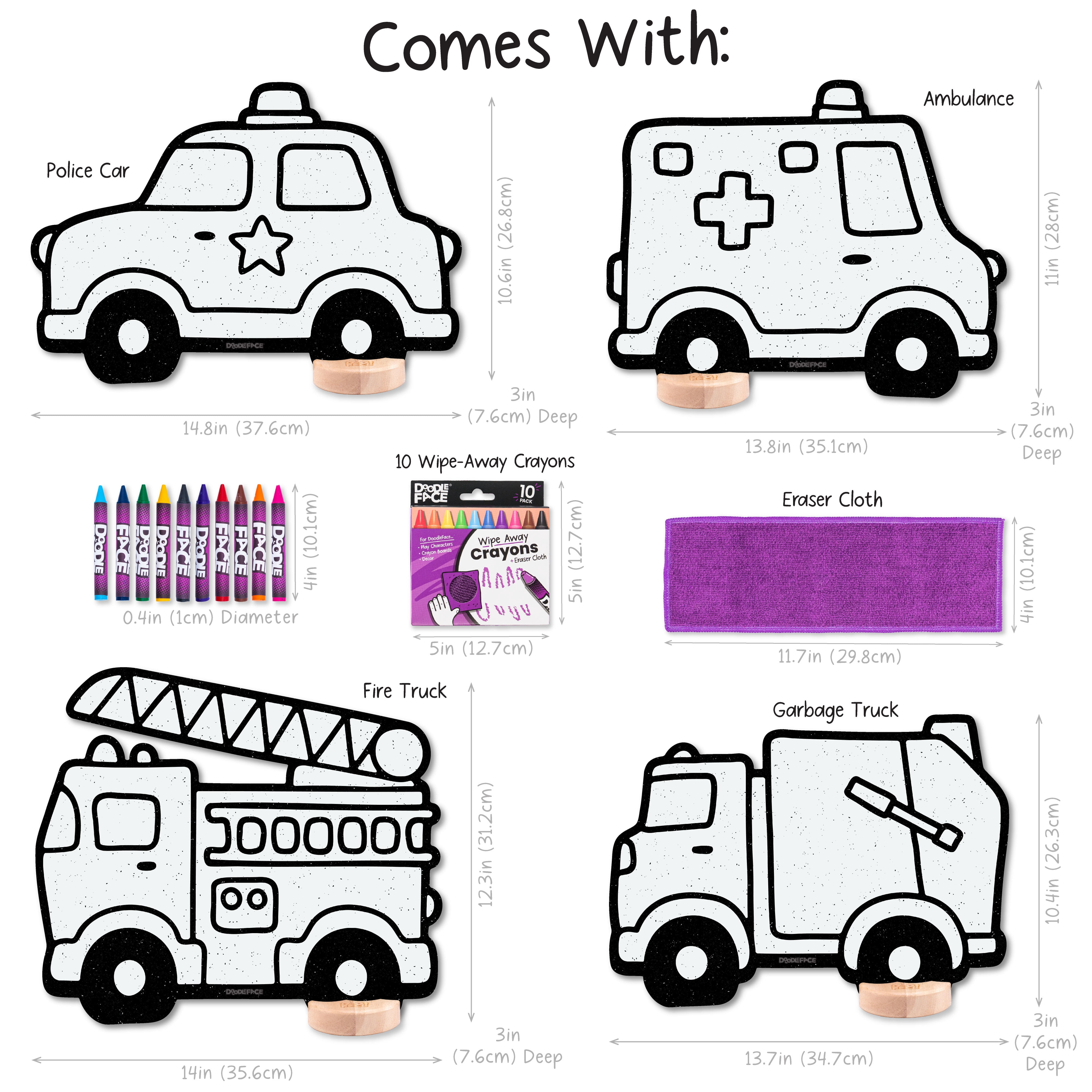 Trucks Toy Set for Kids: Color, Play, Wipe Away with Crayons and Eraser. Educational Reusable Coloring Toy with Ambulance, Fire Truck, Garbage Truck, Police Car.