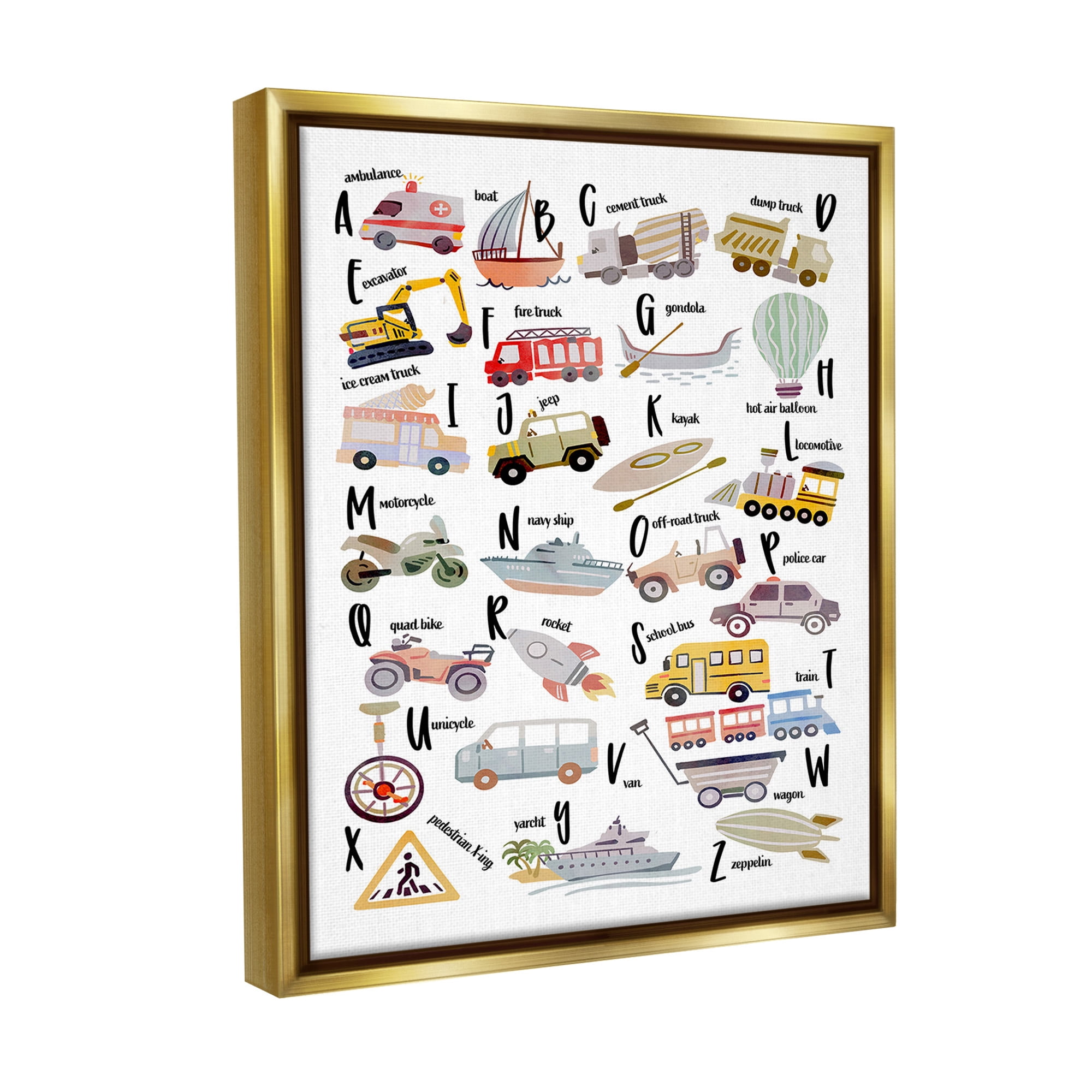 Stupell Industries Educational Automobile Alphabet Transportation Painting Gold Floater Framed Canvas Art Print Wall Art, 25 x 31