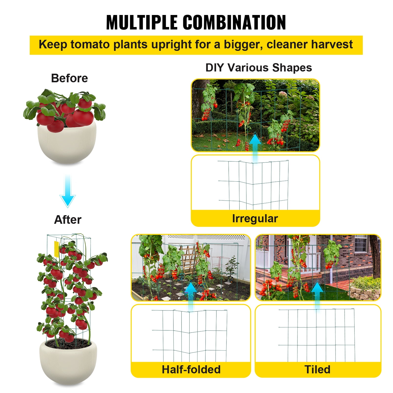 KFFKFF Tomato Cages, 11.8" x 11.8" x 46.1", 10 Packs Square Plant Support Cages, Silver PVC-coated Steel Tomato Towers for Climbing Vegetables, Plants, Flowers, Fruits