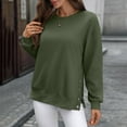 thumbnail image 6 of Women's Side Slit Button Detail Round Neck Sweatshirt, Autumn Winter Solid Color Casual Long Sleeve Pullover Top with Soft Cotton Polyester Blend for Comfortable Relaxed Fit and Street Fashion Green, 6 of 8
