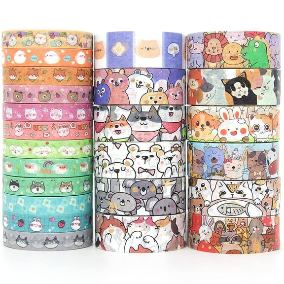 Kawaii Animal Washi Tape Set, 24 Rolls Decorative Masking Tape for Journaling, Scrapbooking, DIY Crafts, Bullet Journal, Planner Stickers, Multicolor Gold Foil Design