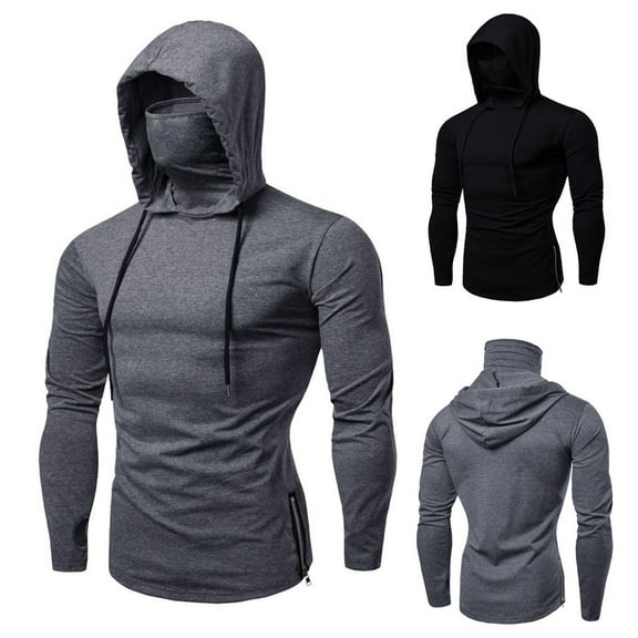 Jinhomg Mens Muscle Fit Sweatshirt Lightweight Comfy Long Sleeve Hoodies Big and Tall Solid Athletic Tops with Built In Face Cover Mask for Fishing Running Sales Today Clearance Gray L