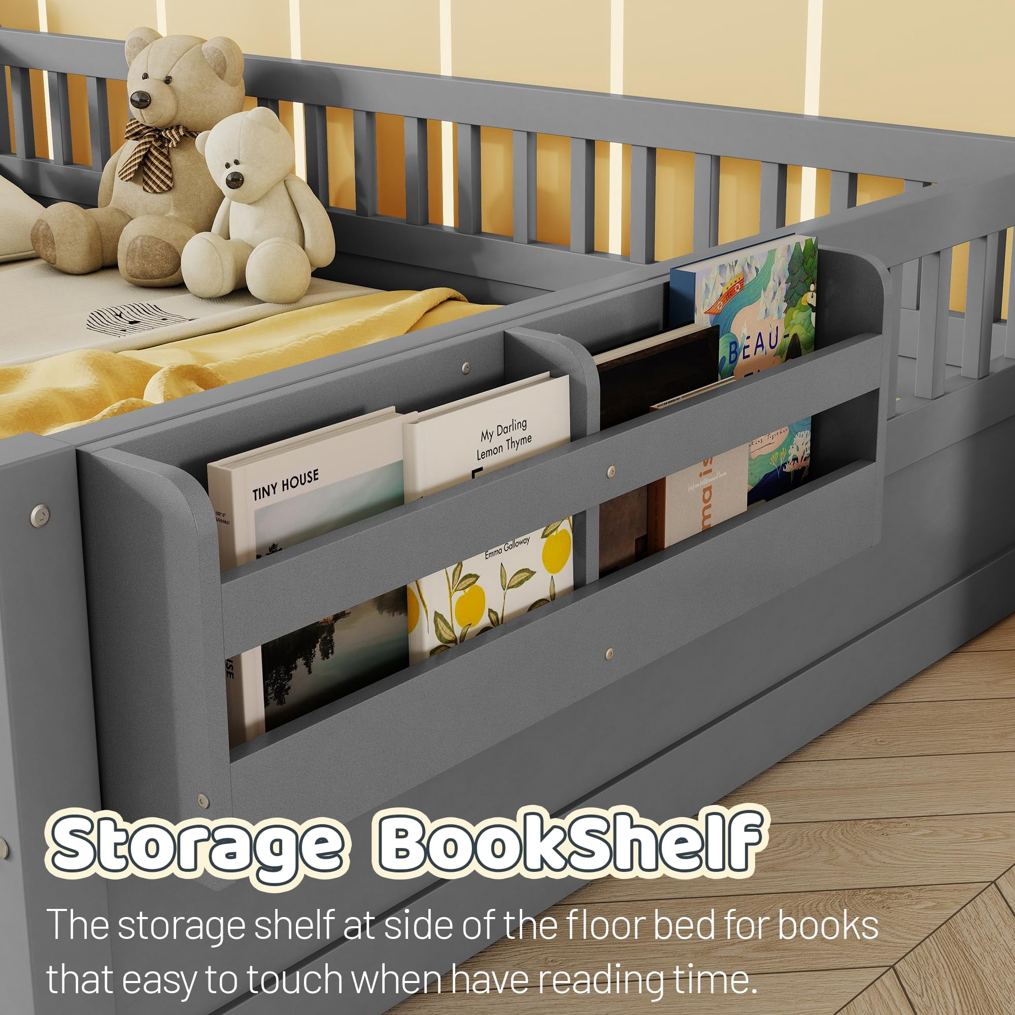 Mirightone Twin Montessori Floor Bed with  Rails and Storage Shelf, Wood Floor Bed Frame with Light for Boys Girls, Gray