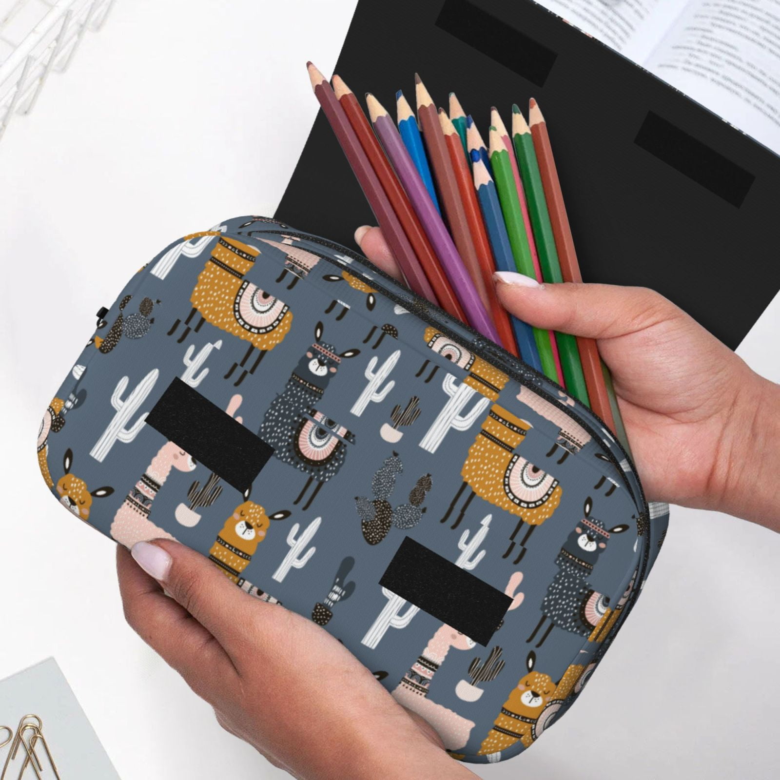 Rateoe Llama and Cactus Pattern Double Clamshell Pen Case, Storage Organizer with Two Zipper Compartments– Holds Up to 50 Pencils & Pens