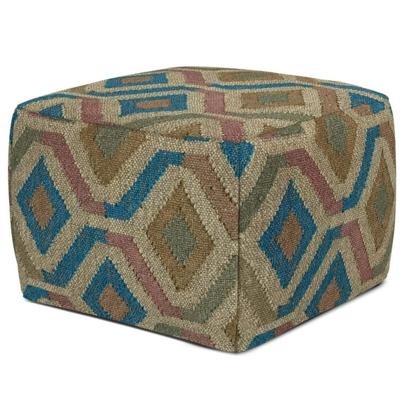 Simpli Home Johanna Boho Square Pouf in Multi-Color KILIM Woven Jute
