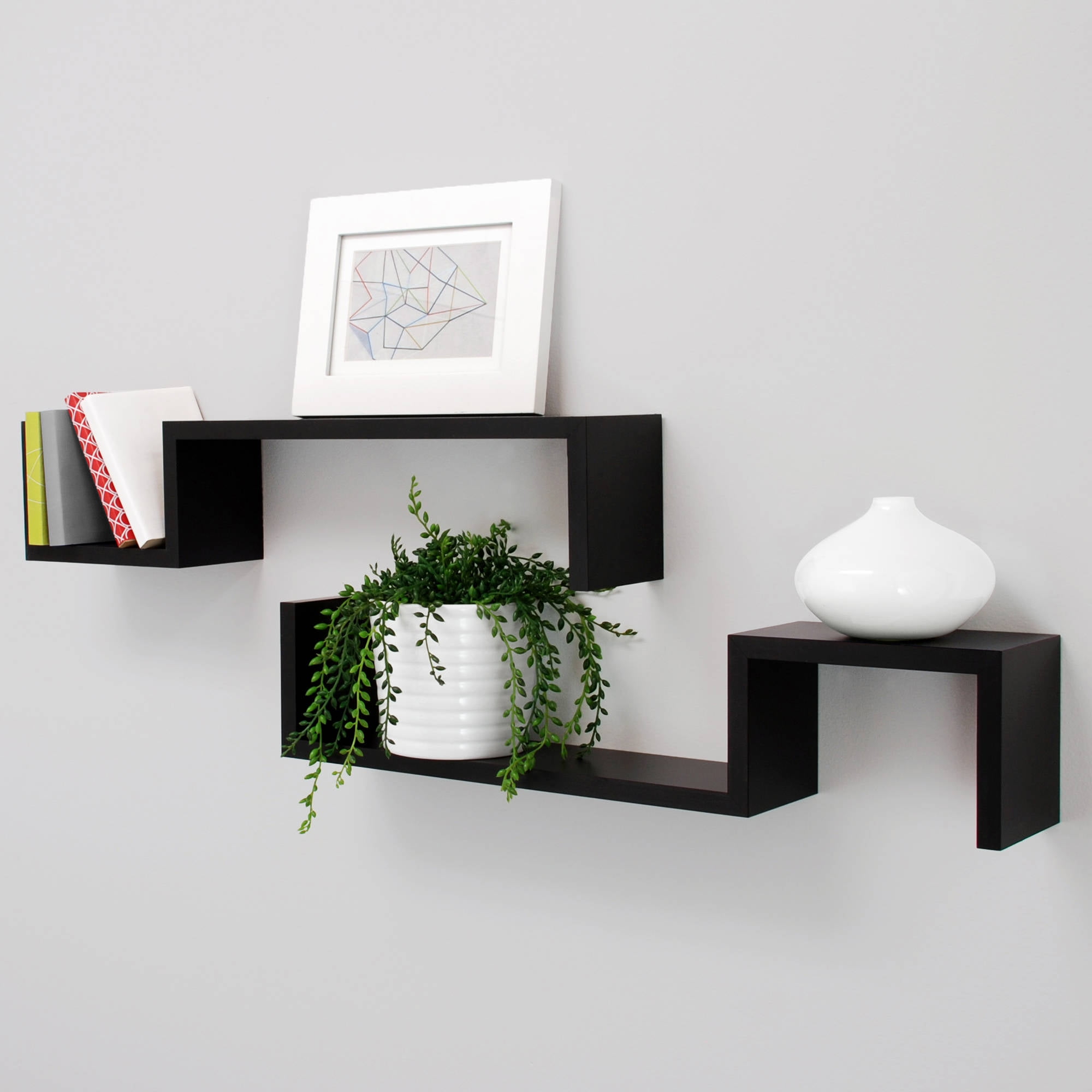 New Black Finished Wood Set of 2 Wall  Floating Shelf  S 