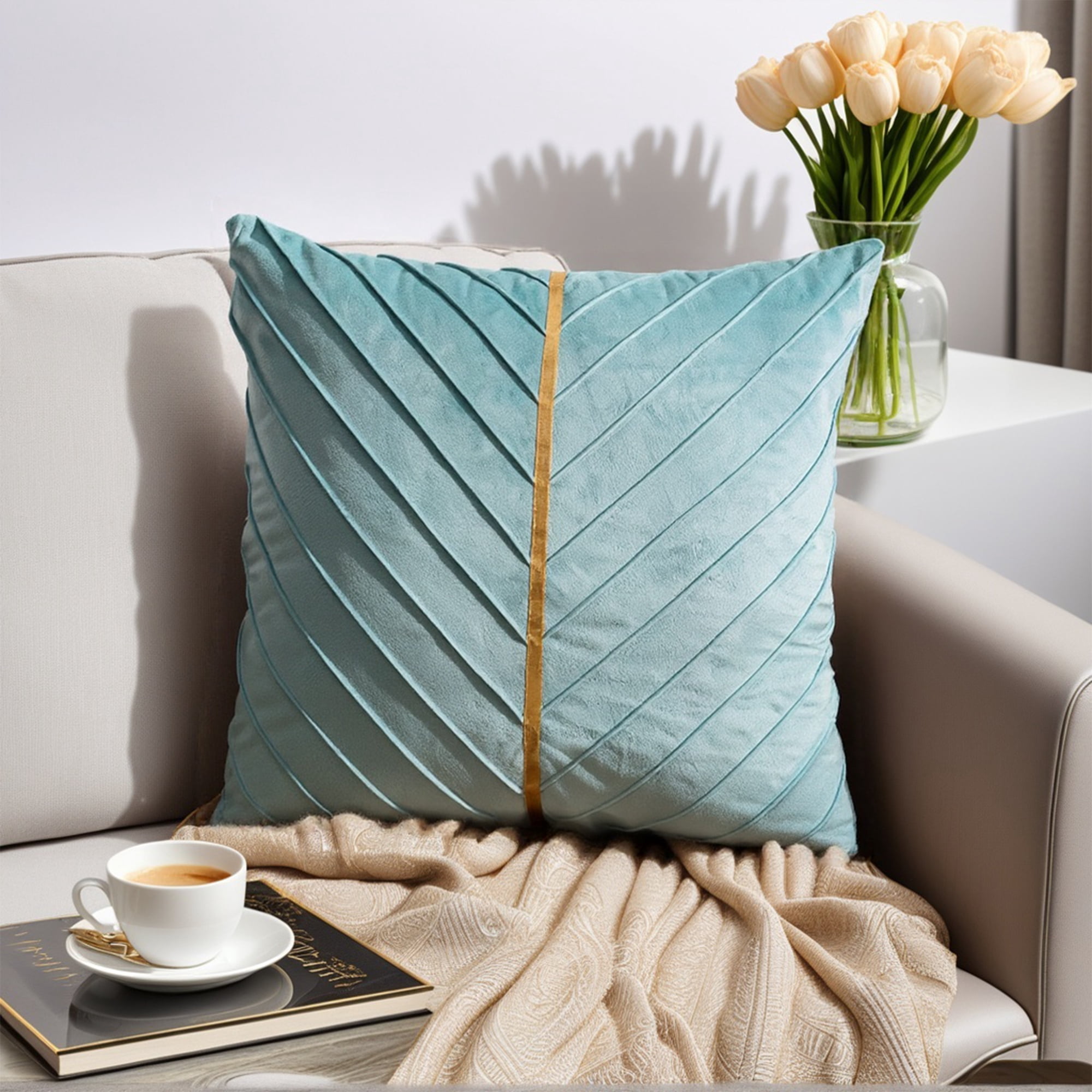 Unique Bargains Velvet Throw Pillow Cover with Gold Striped Cushion Blue 18" x 18"