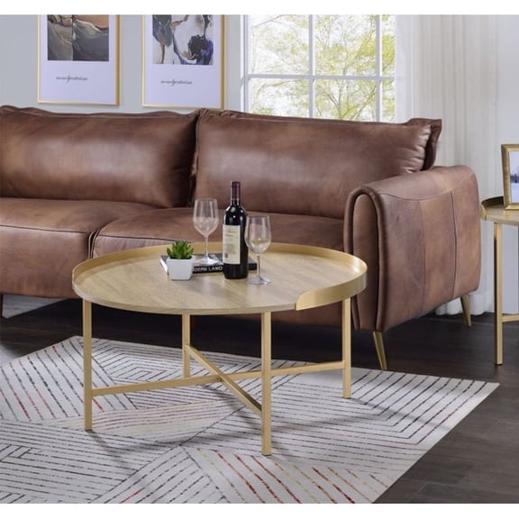Hassch Round Coffee Table 34" Side Table for Living Room Wood Oak Desktop Metal Frame, Gold