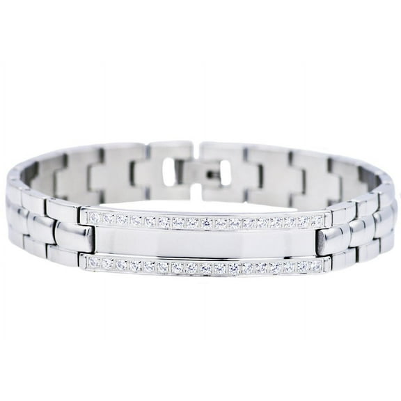 Polished Stainless Steel Micro Pave Cubic Zirconia Engravable ID 8.5’’ Men’s Solid Link Bracelet