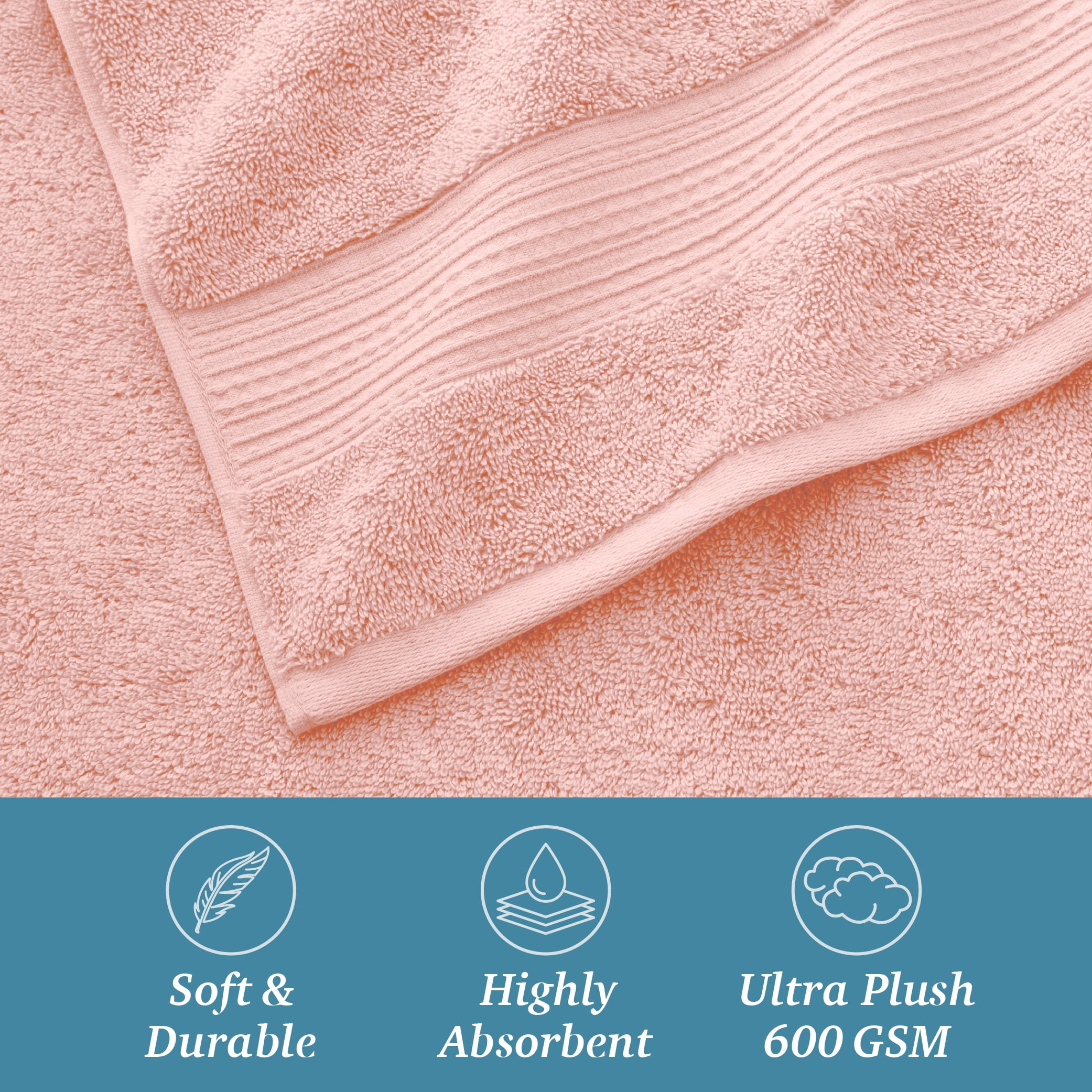 WelHome 100% Cotton 6-Piece Ultra SOFT TWIST Towel Set, 600 GSM, 2 Bath Towels 30" x 54", 2 Hand Towels, 2 Washcloths, Highly Absorbent, Bathroom Towel For Everyday Use, Blush Pink