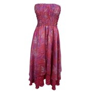 Mogul Womens Sundress Strapless Smocked Bodice Pink Vintage Silk Sari Long Skirts