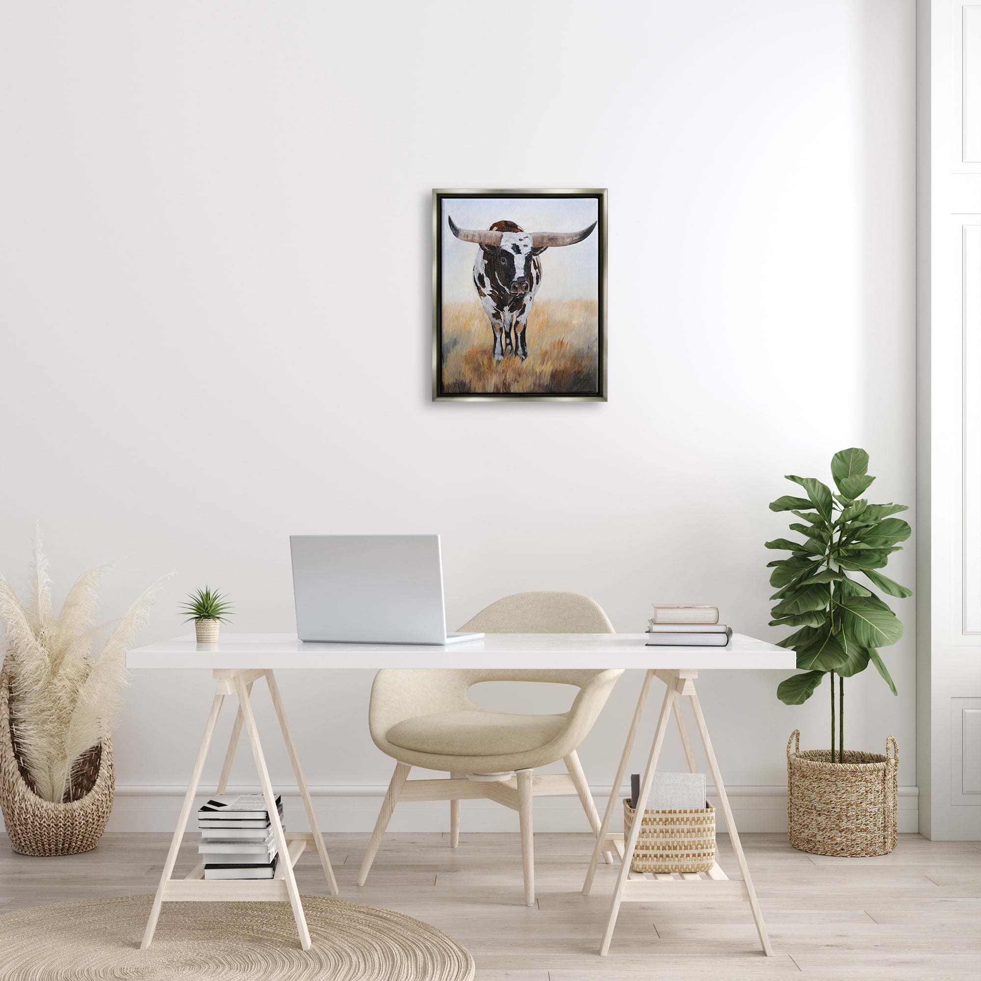 Stupell Spotted Longhorn Cattle Painting Animals & Insects Painting Gray Floater Framed Art Print Wall Art
