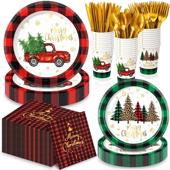 Treamon 175 Pcs Christmas Paper Plates, Holiday Plates Set Suitable for 25 Guests, Red and Green Christmas Party Paper Plates
