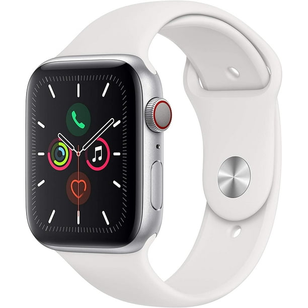 Apple Watch Série 5 (GPS + Cellulaire, 44mm) - Boîtier en Aluminium Argenté avec Bande de Sport Blanche