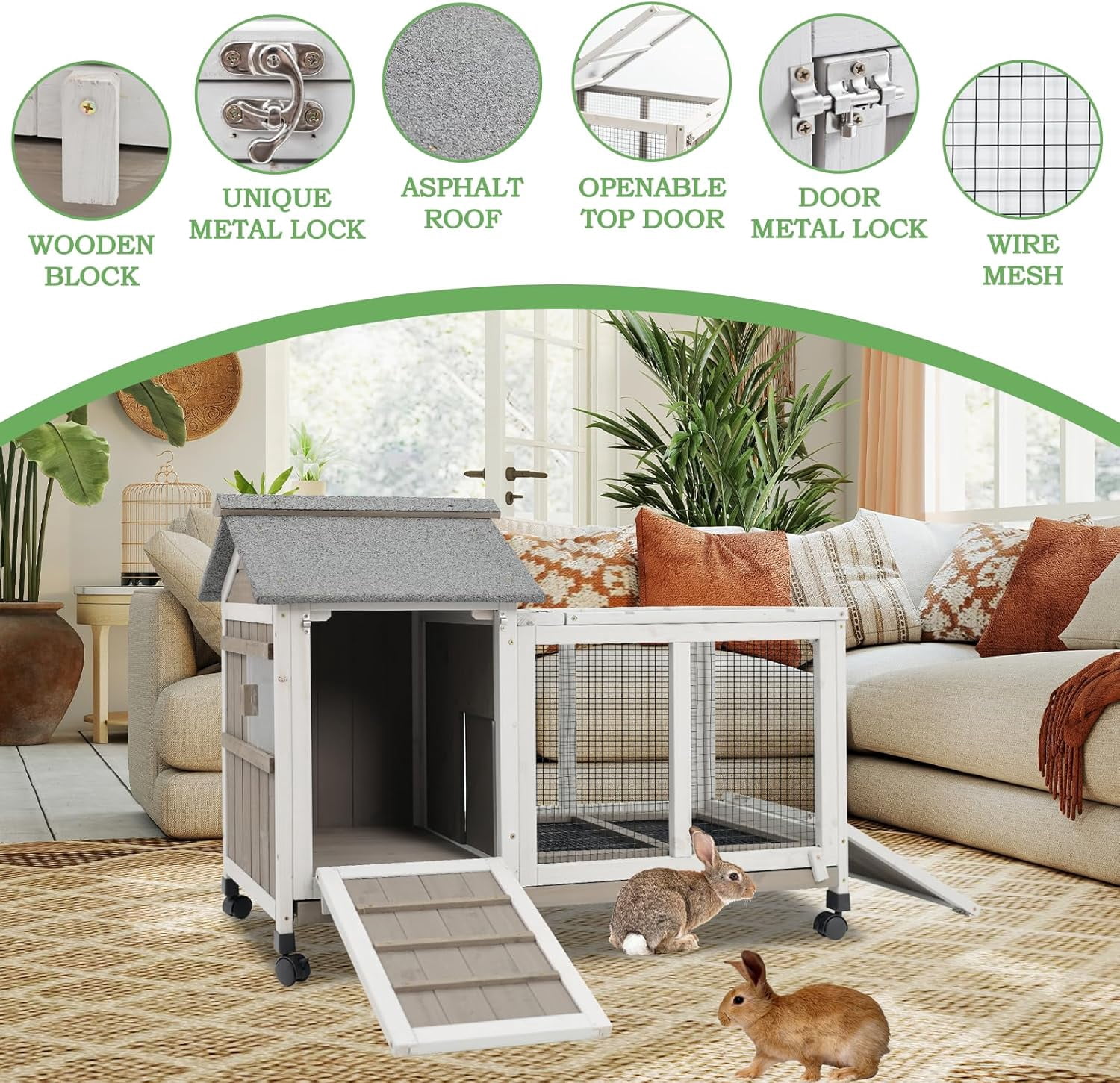 Gowoodhut Rabbit Hutch Indoor and Outdoor with 4 Wheels,Wooden Rabbit Cage  for 1-2 Rabbits,Bunny Hutch with Asphalt Roof Suitable ,Grey