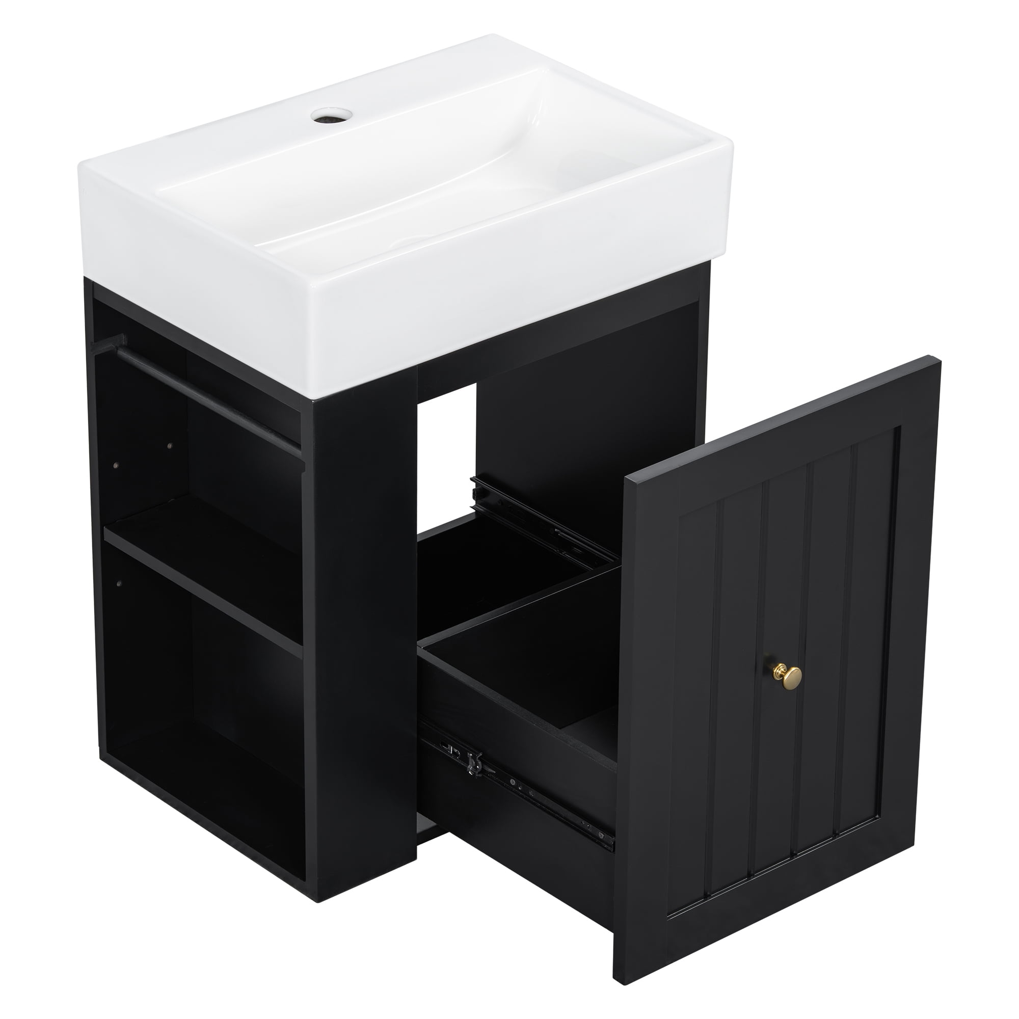 Aukfa 20"Wall-Mounted Bathroom Vanity with Ceramic Sink, Space-Saving Floating Bathroom Vanity,Large Drawer, Side Storage Shelf,Black