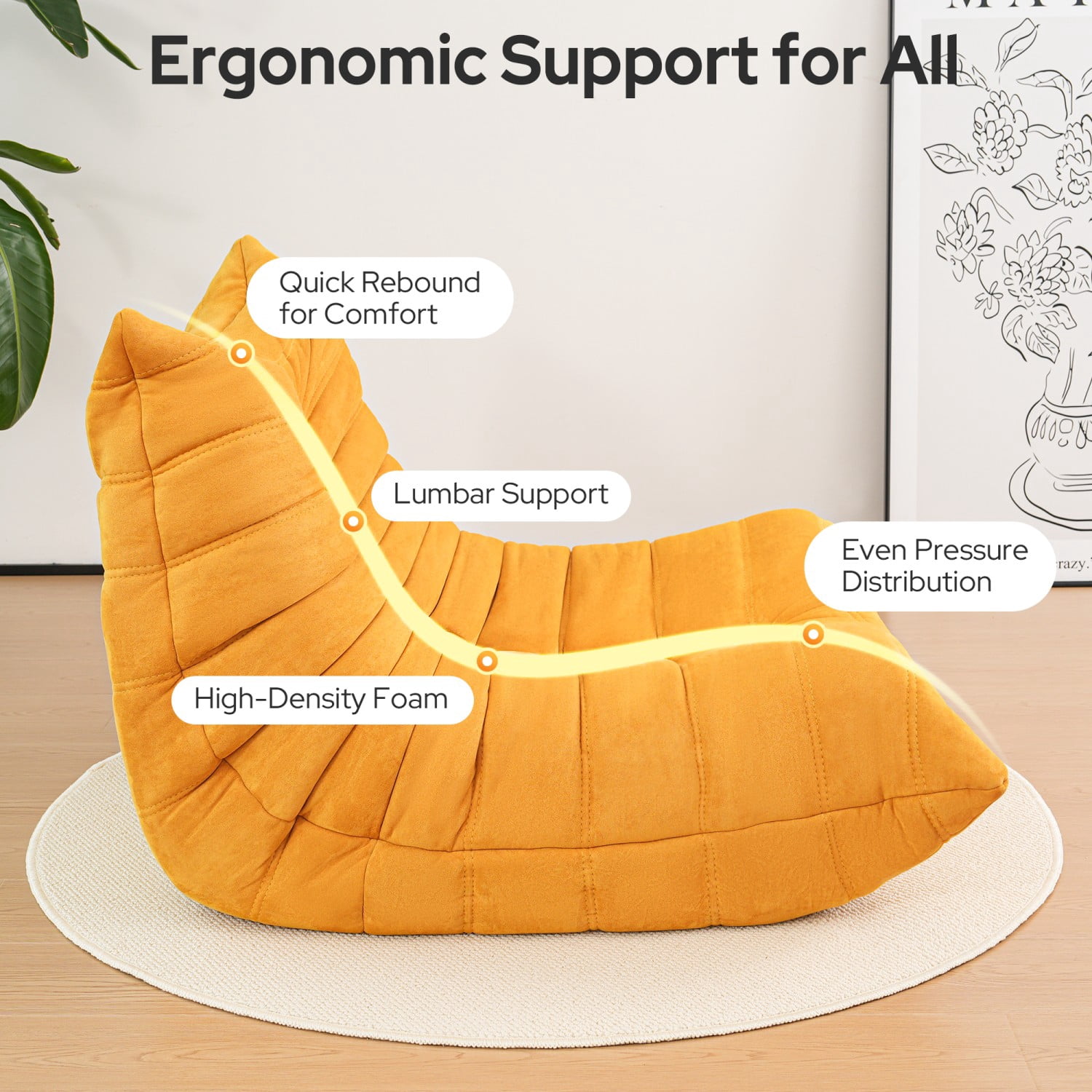 Cottinch Giant Bean Bag Chair Lazy Floor Sofa for Adults, Teens, Memory Foam Sofa Fireside Togo Chair Suede Lounger Couch for Living Room, Bedroom, Yellow