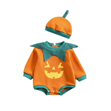

Biekopu Infant Baby Halloween Romper Suit Pumpkin Ghost Face Print Long Sleeve Star Round Neck Jumpsuit + Cap